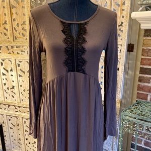 Brown Midi Dress with Black Lace Accent NWOT
